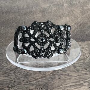 Signed VCLM Victorian Gunmetal Black Rhinestone Ornate Elegant Goth Bracelet